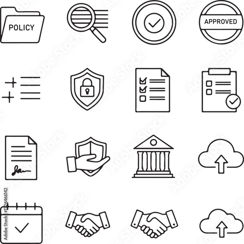 Legal fees and billing outline icons set – hourly rate clock, lawyer retainer agreement contract, attorney billing invoice receipt, hand receiving cash payment, line art vector
