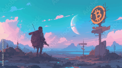 A lone traveler stands on a rugged terrain, gazing at a large Bitcoin symbol in the distance as vibrant colors fill the sky during sunset.