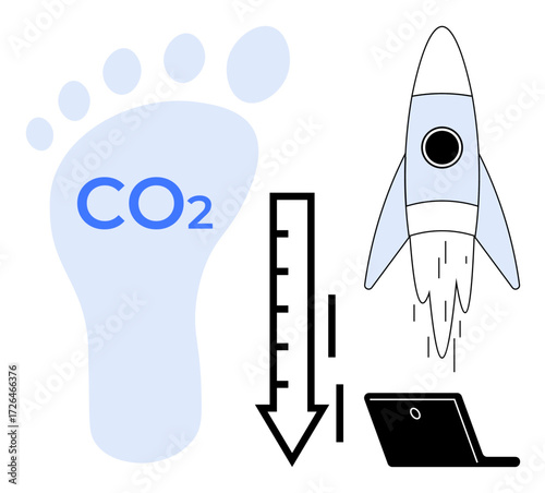 Oversized footprint labeled CO2, downward arrow, rocket, and laptop highlight eco-friendly innovation. Ideal for sustainability, technology, green energy, eco-conscious growth, carbon neutrality
