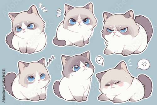 Six adorable cartoon cats show a variety of expressions including surprise, sadness, and anger on a soft blue backdrop. Each cat has distinct features and poses.