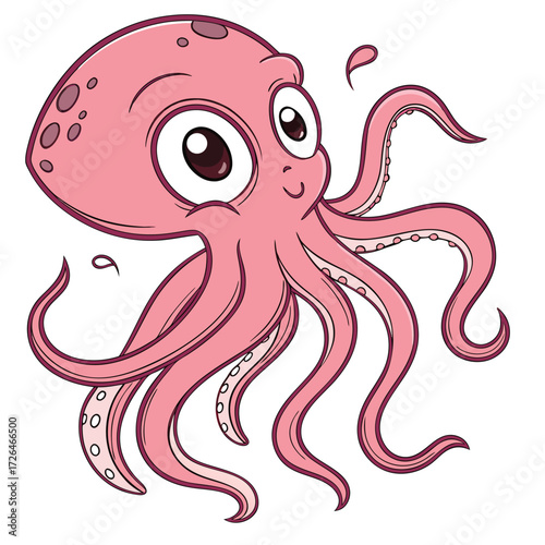 Vector illustration of cute purple octopus smiling cartoon sea animal black and white drawing For children to learn to color according to the pi
