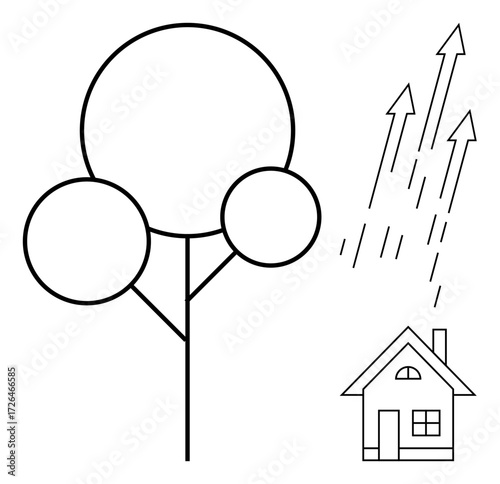 Minimalist design with a tree, a house, and arrows pointing upward symbolizing growth, sustainability, and upward mobility. Ideal for ecology, environment, progress, urban living home nature