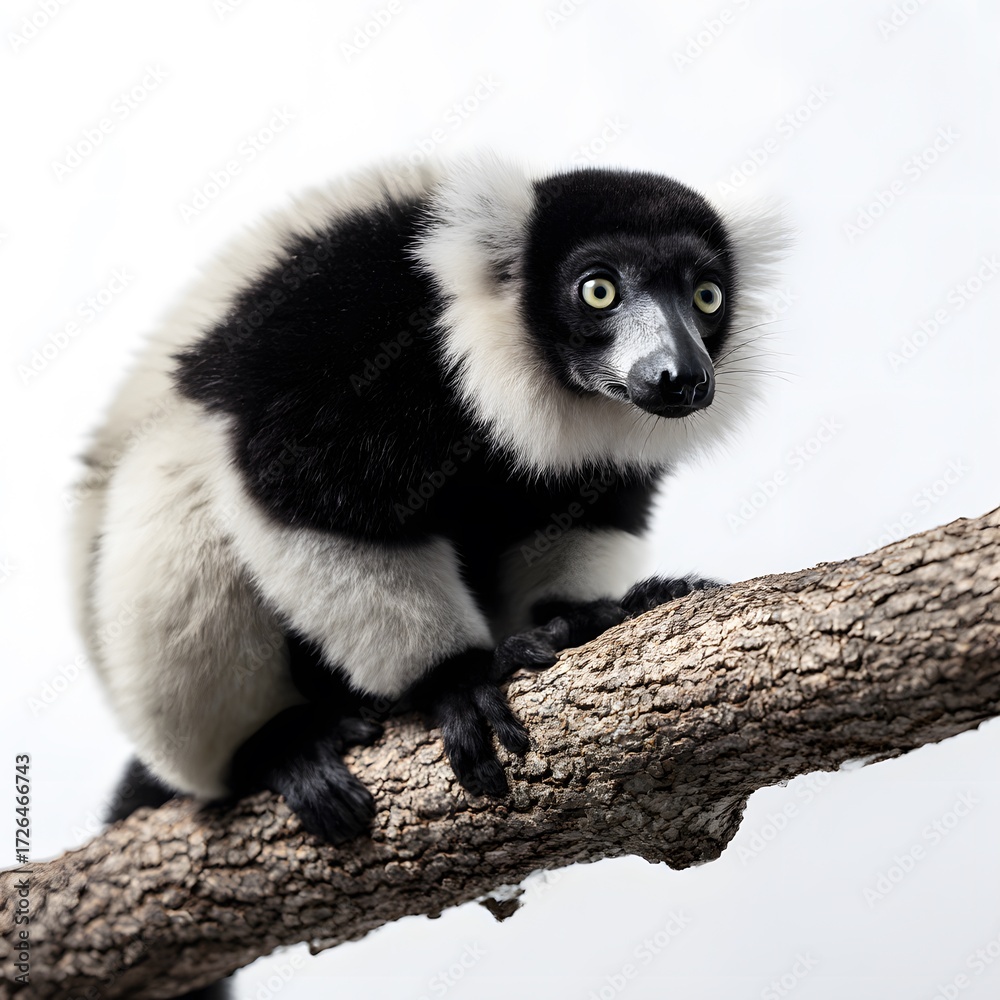 Obraz premium Black and white ruffed lemur perched on a tree branch