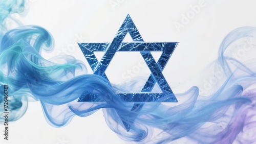 Blue Star of David symbol surrounded by swirling smoke against a light background