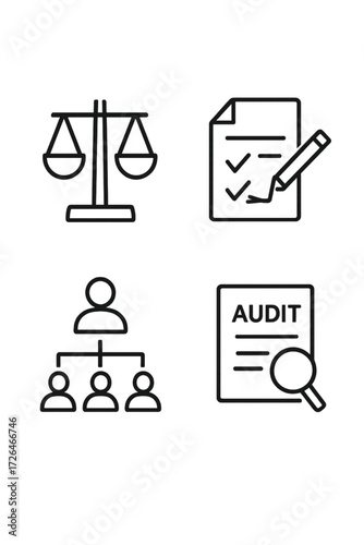 Legal fees and billing outline icons set – hourly rate clock, lawyer retainer agreement contract, attorney billing invoice receipt, hand receiving cash payment, line art vector