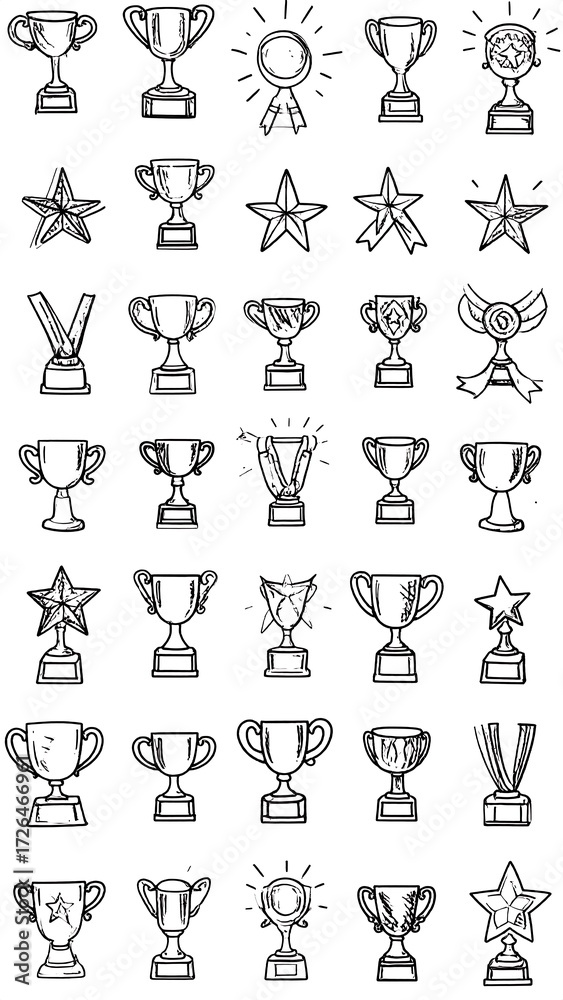 Obraz premium A grid of hand-drawn trophies, stars, and award ribbons