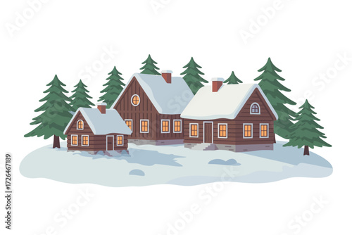 Cozy wooden cabins nestled in a snowy winter forest with warm lights