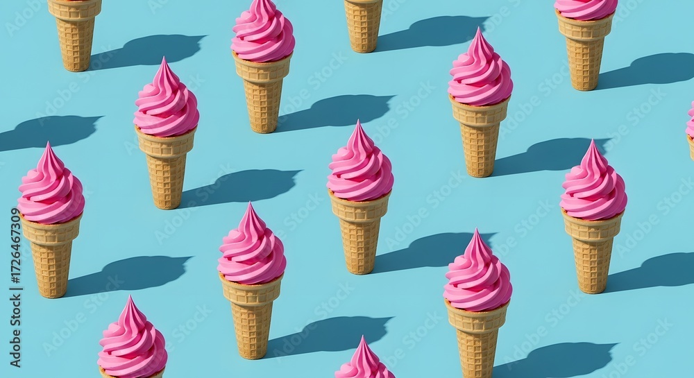 A repeating pattern of pink ice cream cones with strawberry flavor on a bright blue background with long shadows, creating a fun and summery dessert theme A repeating pattern of pink ice cream cones with strawberry flavor on a bright blue background with long shadows, creating a fun and summery dessert theme
