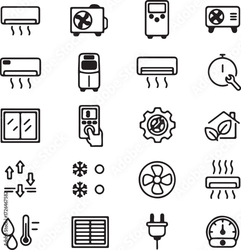 Line art icons of air conditioning and ventilation units in various styles
