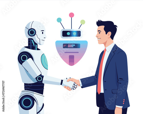 Human and robot shaking hands with ai symbol in background