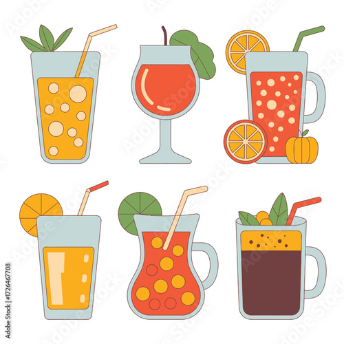 Collection of refreshing fruit juice and cocktail drinks in glasses