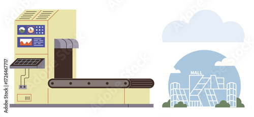 Electric conveyor belt with control panel, transporting goods towards a modern shopping mall skyline. Ideal for automation, retail, logistics, innovation, technology, business commerce. Simple flat