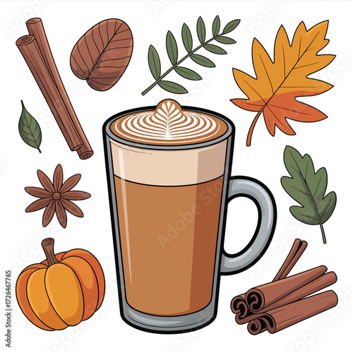 Autumn coffee drink with cinnamon pumpkin and fall leaves