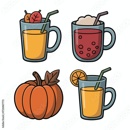 Autumn harvest drinks and pumpkin illustration set