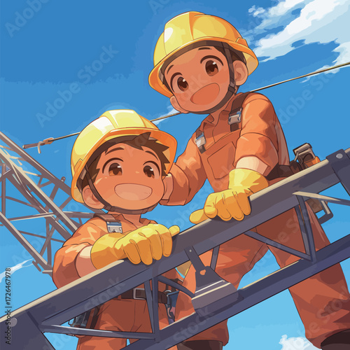 Two cheerful boys dressed in bright orange work suits and helmets are actively posing on a construction site. They display joy while working high above.