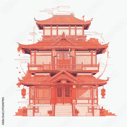 A beautifully designed traditional Asian building features intricate architectural details and vibrant warm colors. Lanterns adorn the exterior while serene clouds float above.