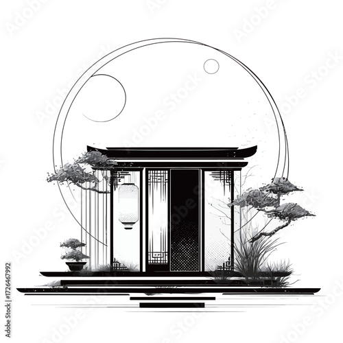 A tranquil scene shows a traditional Asian structure surrounded by bonsai trees and ornamental plants against a minimalistic backdrop. Circular shapes enhance the calmness.