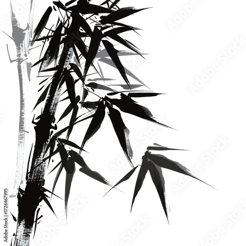 Black ink depicts bamboo stalks and leaves featuring a minimalist style against a white background. The artwork captures a tranquil and elegant feel.