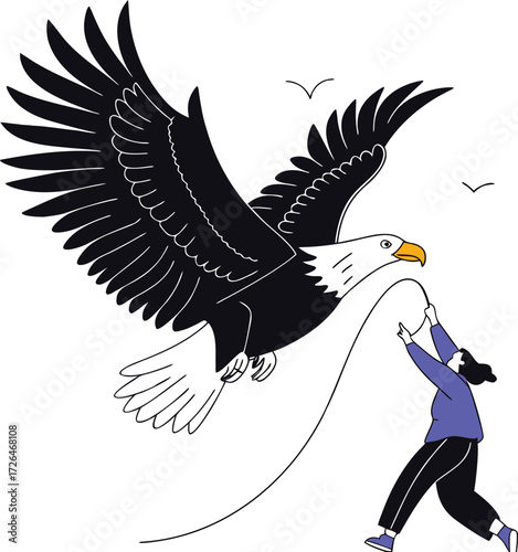 Person holding onto a rope attached to a soaring eagle