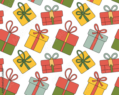 Seamless pattern of colorful hand drawn gift boxes with ribbons