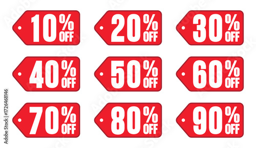 Promotion hold tag. Special offer discount on red tags shapes with different value percent off 90, 80, 70, 60, 50, 40, 30, 20, and 10%.	