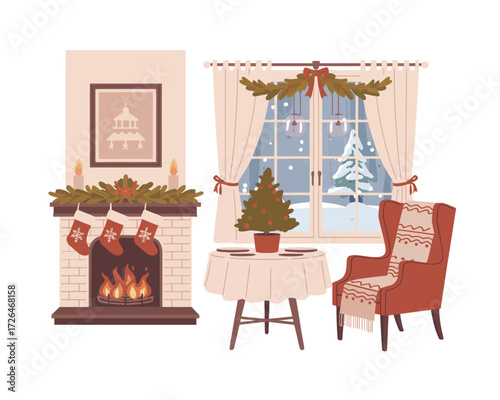 Cozy christmas scene with fireplace decorated tree and snowy window view