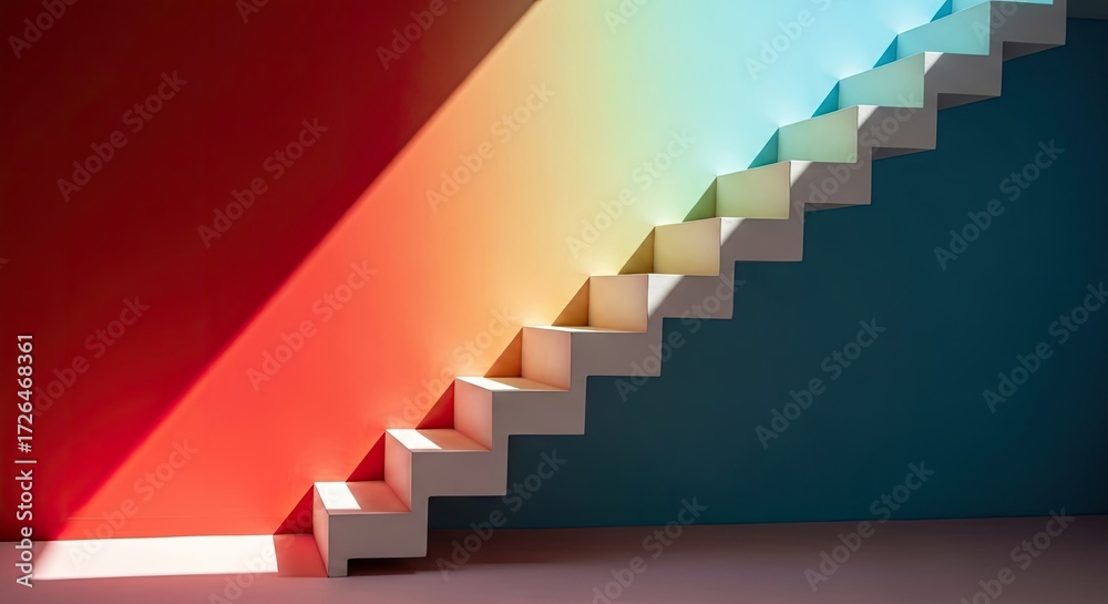 Obraz premium Colorful Wall With Stair Steps, Transitioning Shades From Red To Blue, Shadow and Light