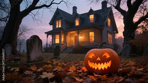 Halloween scene with glowing jack-o'-lantern in front of a haunted house at dusk