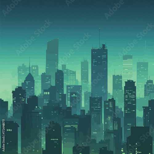 A city skyline filled with tall buildings stands against a twilight sky. Green and blue hues create a calm atmosphere, highlighting the architectural details.