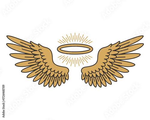 Golden angel wings with halo and radiant light