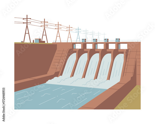 Hydroelectric dam with flowing water and power lines
