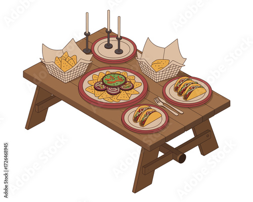Overhead view of a rustic wooden table set with a delicious mexican food spread