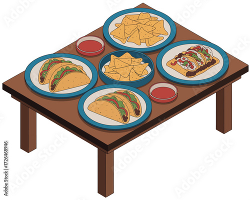 Delicious mexican food spread on a wooden table with salsa and chips