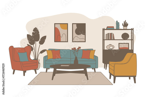 Cozy living room interior with colorful furniture and artwork
