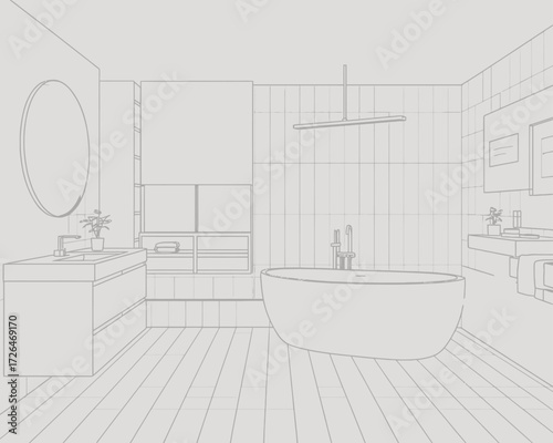 Modern bathroom design sketch with freestanding bathtub and vanity