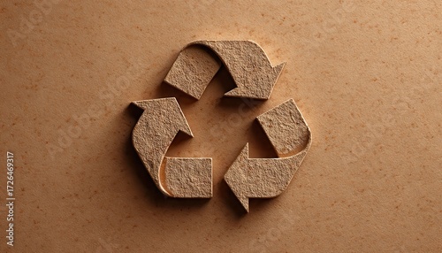 A textured, recycled cardboard background featuring a wooden recycling symbol, representing sustainability and eco-friendliness.