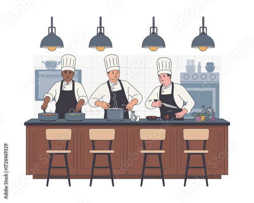Three chefs in uniform working together in a professional kitchen