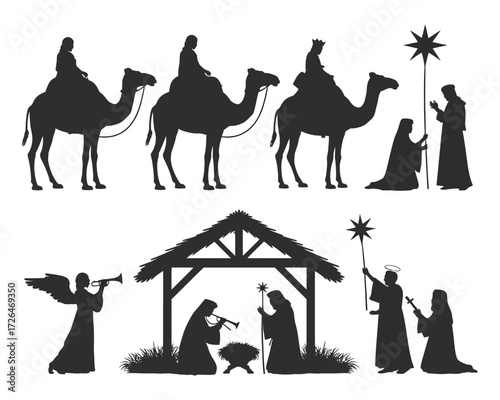 Nativity scene silhouettes with three wise men and angel