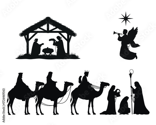 Nativity scene silhouette with three wise men and angel