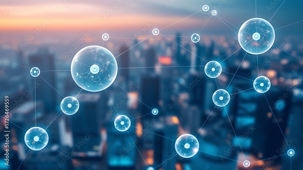 Obraz premium Floating translucent spheres connected by glowing lines, symbolizing global business networks.
