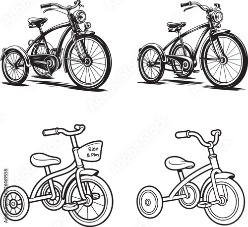 Bicycles and tricycles line art vintage bicycle children's tricycle