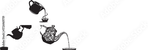Pouring liquid from pitchers into cups black and white