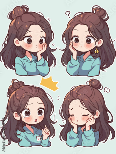 A character with long, brown hair is shown in four different expressions, reflecting curiosity, contemplation, and emotion. The soft background adds to the charm.