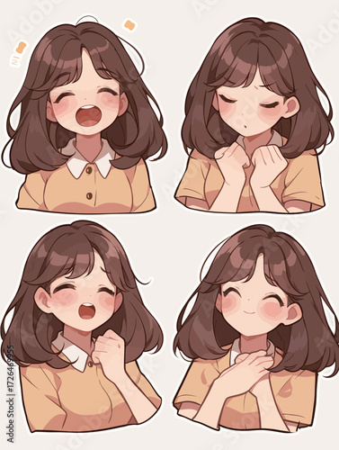 The girl displays various emotions, including joy, contemplation, excitement, and contentment. Each expression highlights her vibrant personality and youthful charm.