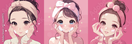 Three young women share a joyful moment as they engage in a skincare routine. Each shows bright facial expressions while applying product on their faces.