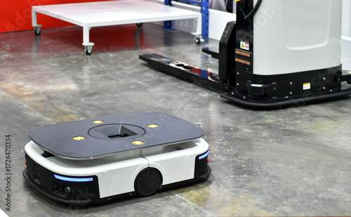 Autonomous Cargo transport robot in warehouses automation Robots in storage hangar. AGV for moving racks, Warehouse automation concept.