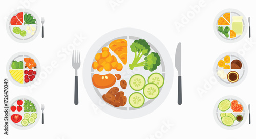 Healthy balanced plate showing portion control with vegetables, protein, and carbohydrates on white table, promoting mindful eating and nutrition.