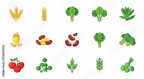 Fresh vegetables and grains arranged in neat rows on white surface, showcasing healthy eating and vibrant colors.