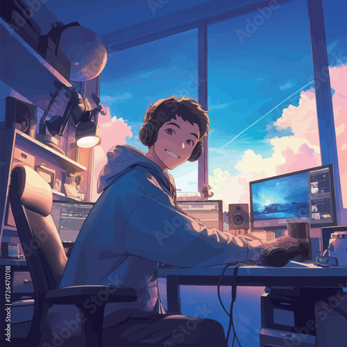 A young person smiles while seated at a desk filled with computer equipment. The sunset illuminates the room, creating a warm atmosphere for gaming and creating.