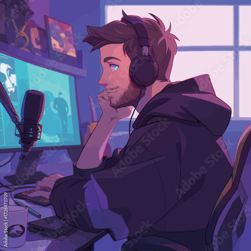 A focused gamer is playing video games in a dimly lit room. He wears headphones and sits in front of multiple monitors, streaming content late at night.